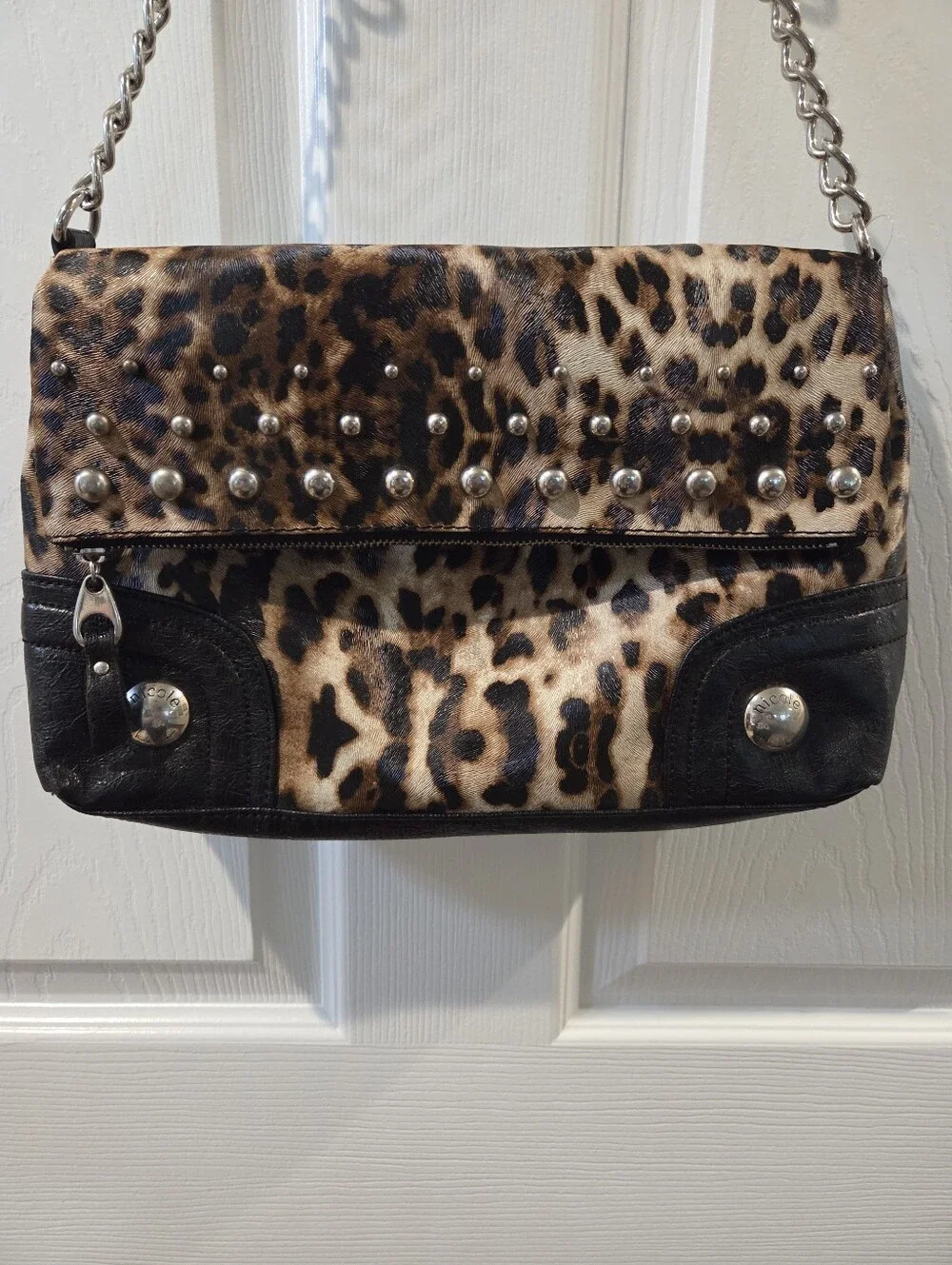 Nicole Miller Faux Leather Leopard Studded Chain Y2K Shoulder Bag